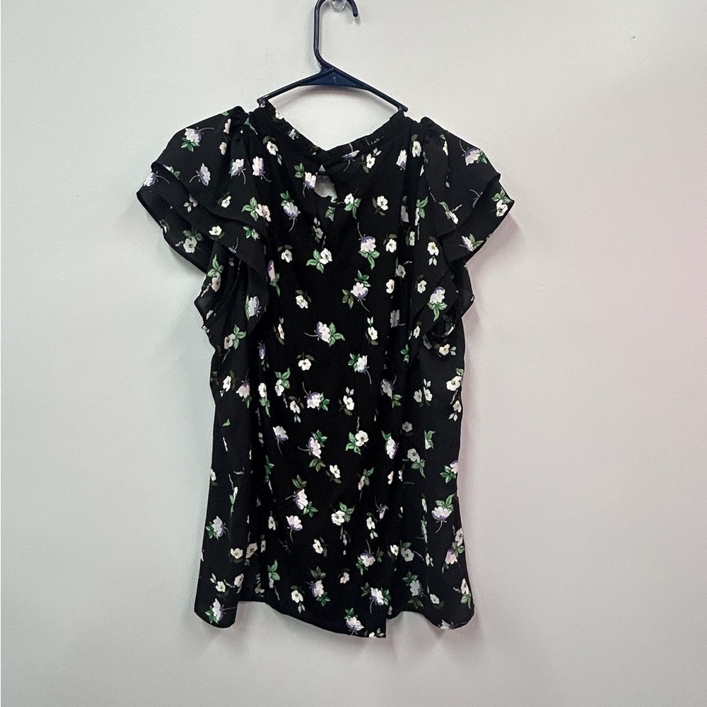 Loft Floral Black Ruffle Sleeve Top Size Large